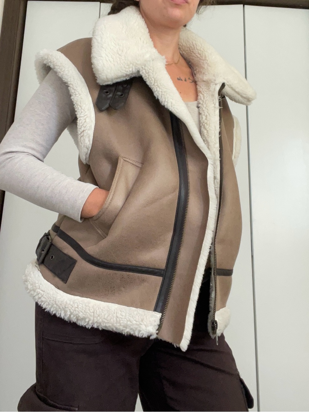 stradivarius Taupe Teddy Vest with Cream Trim